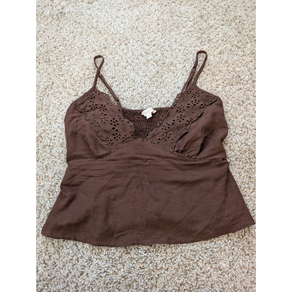 Sim & Sam Brown Eyelet Lace Smocked Babydoll Cami Top Rayon Linen Blend Small